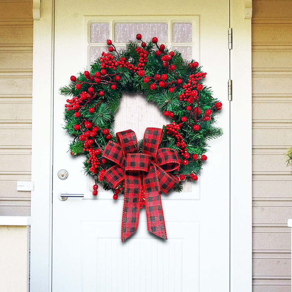 红色挂花环圣诞节门浆果蝴蝶结花环节日墙面装饰布置道具