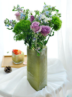 玻璃花瓶轻奢绿色手工北欧样板间居家客房卧室装饰品摆件玻璃花器