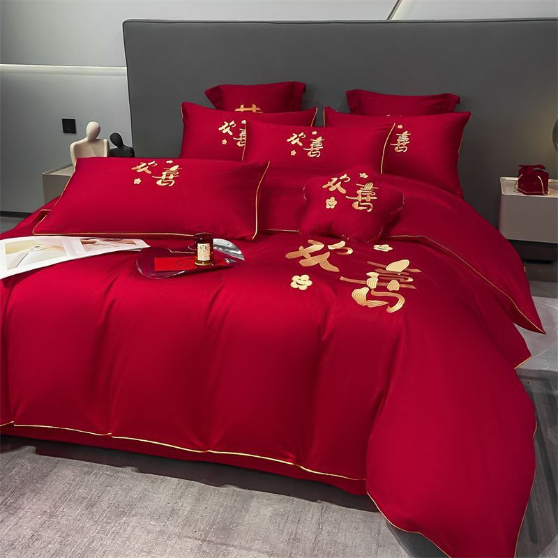 龙凤喜被四件套结婚被套大红色刺绣床单床笠婚庆陪嫁床上用品厂家