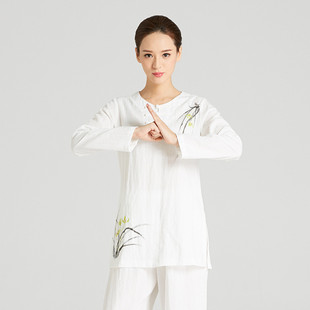 太极服女2023春季 瑜伽服 新款 中国风练功服手绘亚麻盘扣长袖