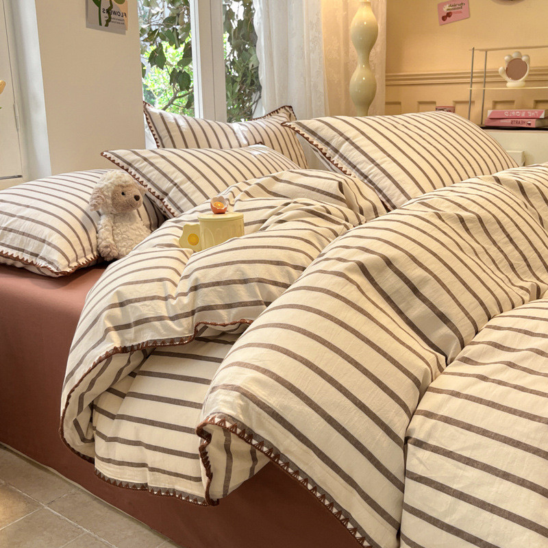 撞色全棉水洗棉多巴胺色织四件套100全棉被套床品床单三件套