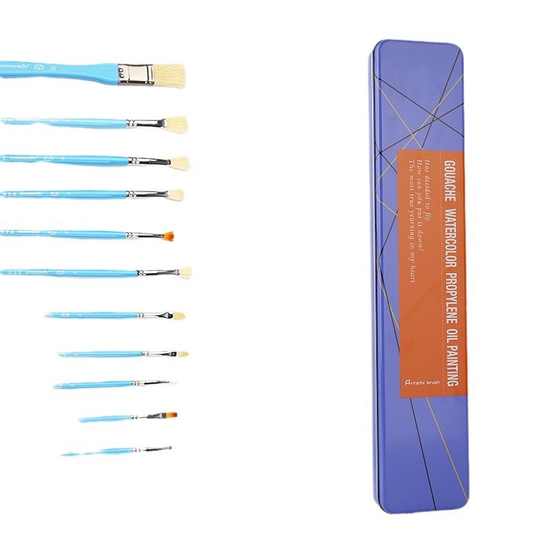 水洗猪鬓三色铁盒12支装刷刷套装美术绘画颜料笔油画笔