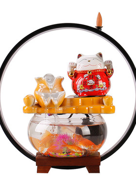 新中式招财猫鱼缸循环流水陶瓷增氧过滤商务礼品家居装饰生财摆件