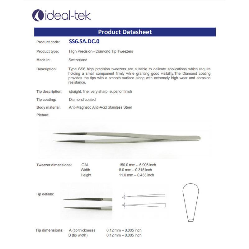 ideal-tek镊子SS6.SA.DC微电子组装尖头镊子DC金刚石涂层