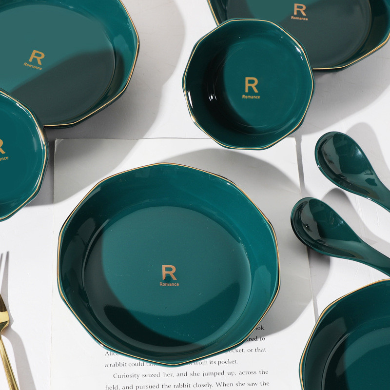 xyt碗碟套装家用6-10人汤碗金边餐具碗盘碗筷陶瓷组合孔雀绿碗碟