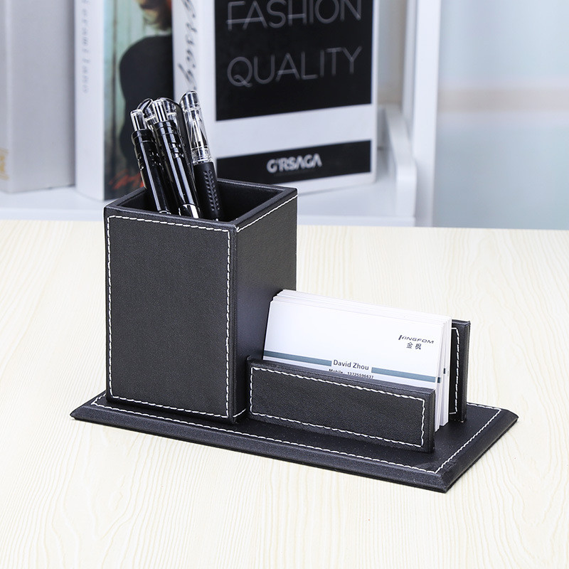 高质皮革笔筒名片座商务办公系列桌面收纳座白领实用文具笔架皮质