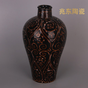 热销宋吉州窑黑釉如意纹梅瓶旧古董古玩老物件摆件出土做仿古瓷器