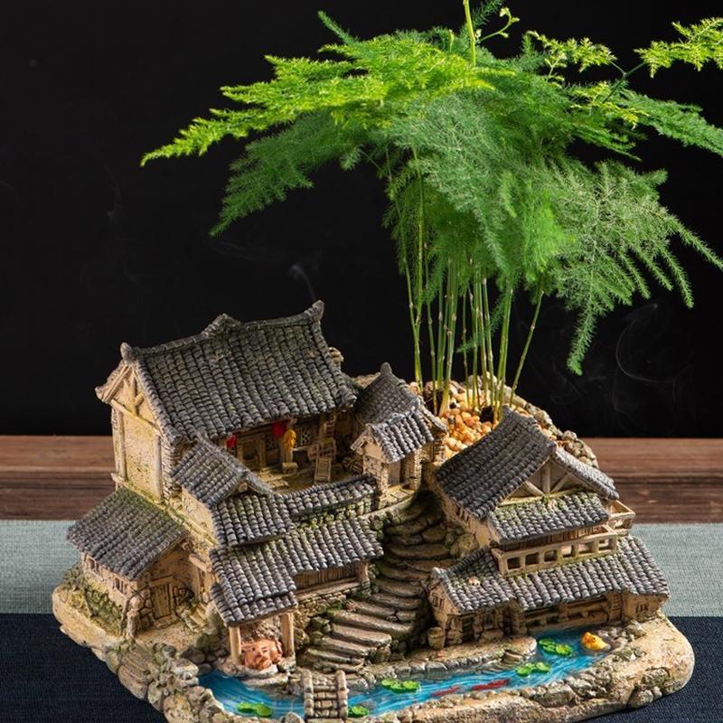 中式微景观小房子花盆创意文竹盆景盆栽个性客厅装饰造景复古摆件