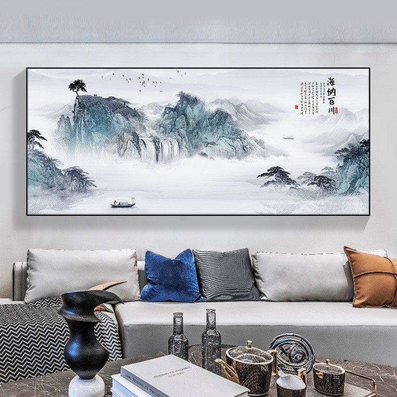 流水生财山水客厅挂画中式办公室背景墙壁字画中堂画风景意境禅意