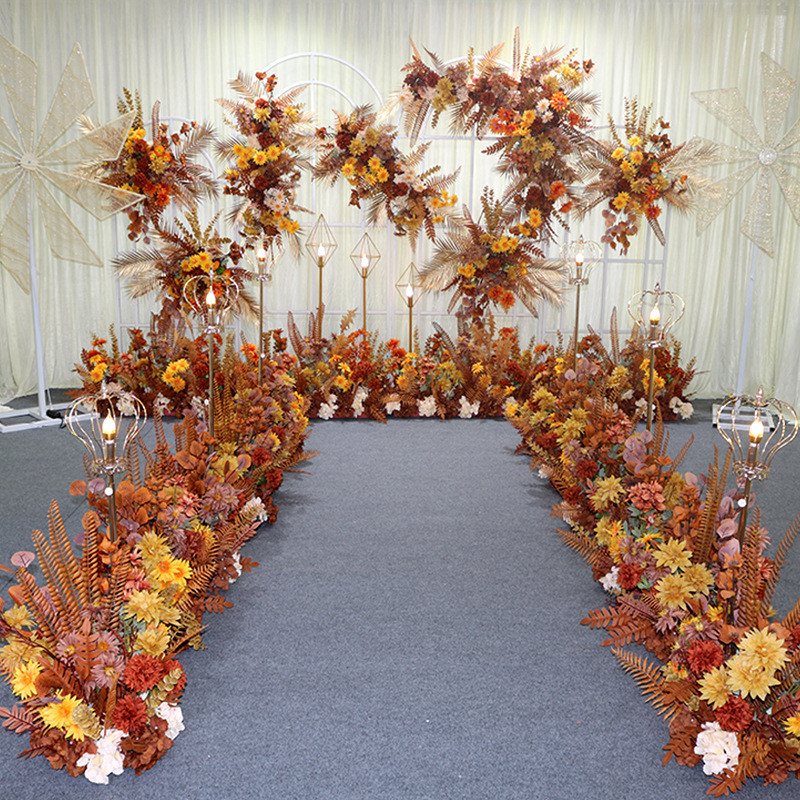 焦糖色排花艺婚礼背景迎宾区t台舞台装饰路引盆花花点角花婚庆花