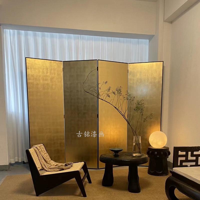 新款日式手绘漆画空白素金箔屏风客厅隔断茶室办公室摄影道具屏风