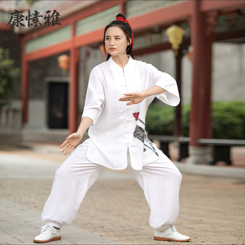 康愫雅新款太极服套装女春夏棉麻武术表演服中国风印花练功服批发
