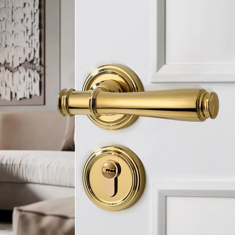 美式金色门锁室内北欧卧室实木pvd房门锁执手磁吸静音亮金分体锁