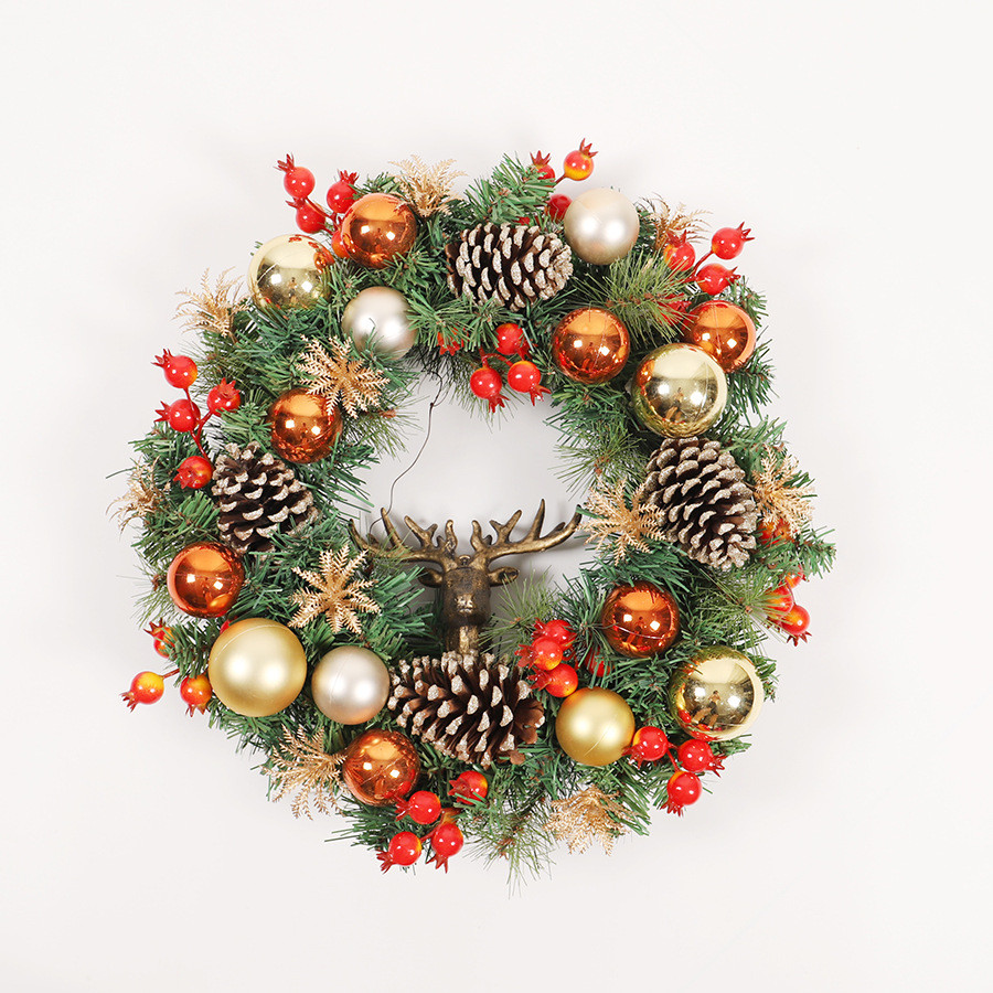 新款圣诞花环电镀球花环绿色pvc圈松果鹿头门挂装饰圣诞仿真挂饰