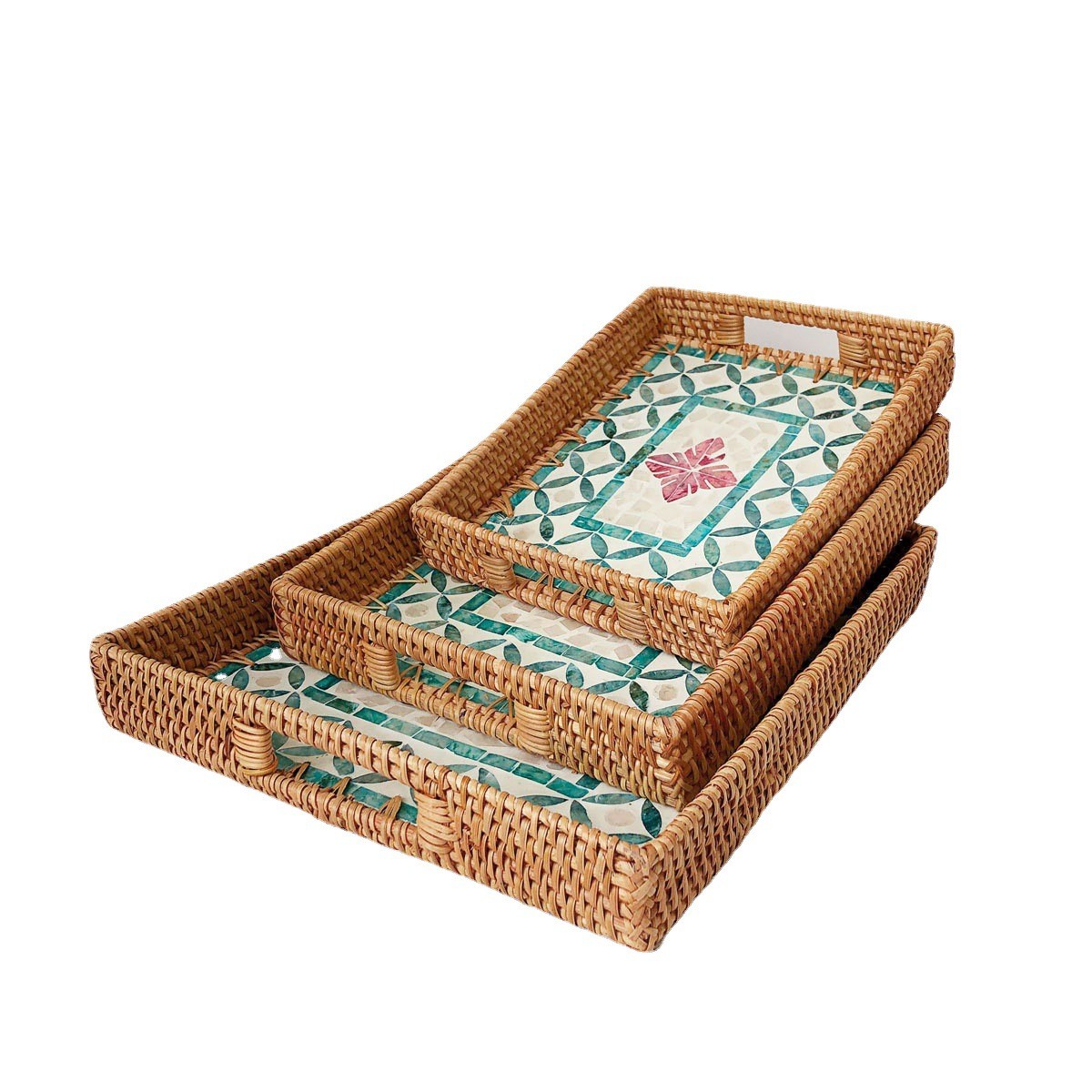 藤编北欧创意彩贝壳果盘置物首饰收纳托盘摆盘茶装饰摆件盘收纳篮