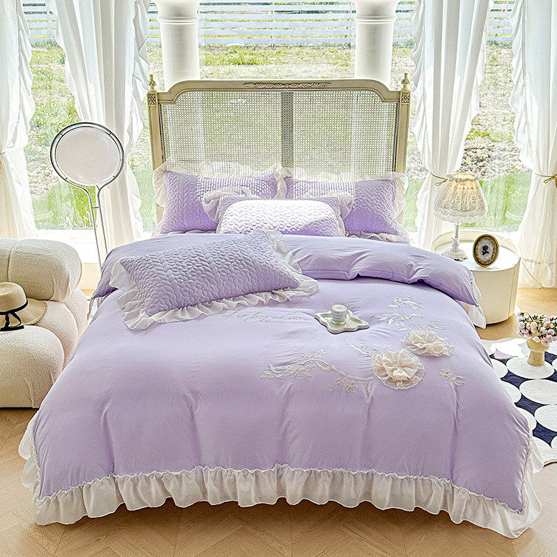 热销韩式小清新床盖花边四件套水洗棉立体花绣花被套少女心夏被子