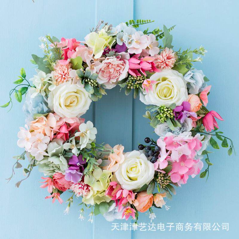 2022新款春季欧式仿真玫瑰花环家居节日门楣婚礼挂饰装饰货源