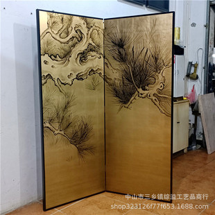 饰隔断折屏金箔屏风 手绘松树古老苍松客厅办公室摄影工作室背景装