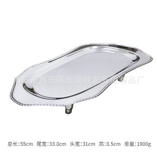 现货不锈钢乳猪盘子金色中式酒店餐厅商用大号刺身盘带脚烤托盘猪