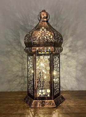 摩洛哥落地烛台铁艺马灯风灯摩洛哥镂空玻璃灯笼复古摆件道具