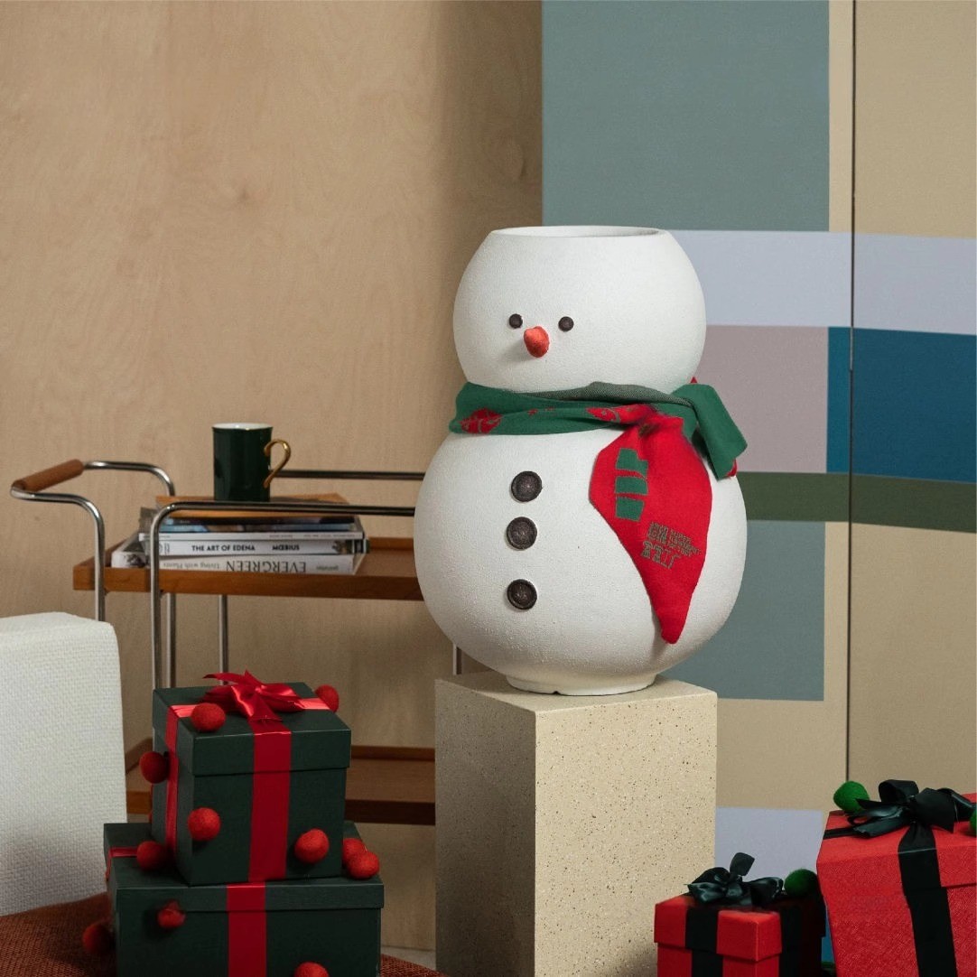 家居绿简客厅软装搭配水泥花盆植物盆栽镁泥可爱风格装饰雪人花盆