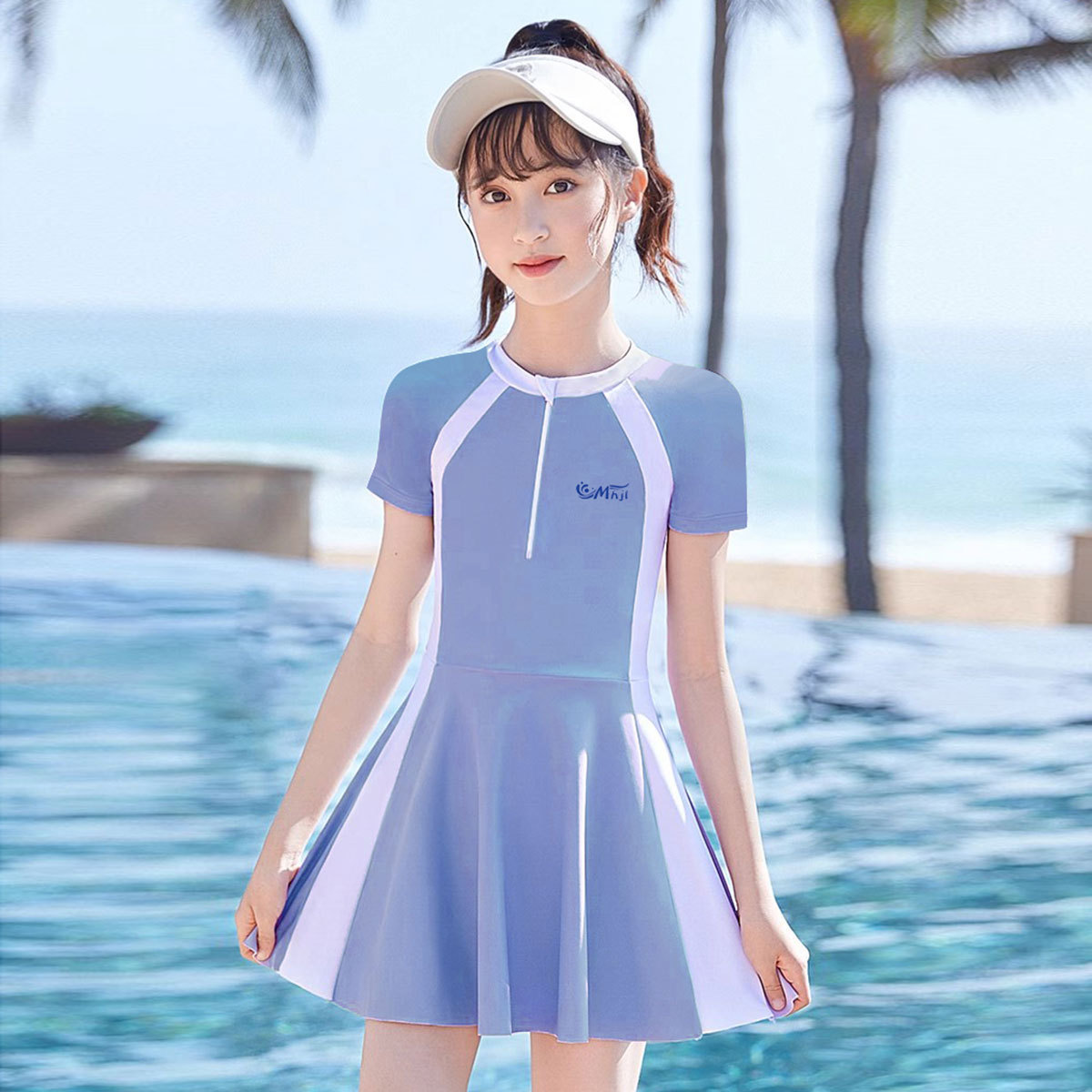儿童泳衣女孩连体2025新款女童洋气游泳衣中大童保守泳装带胸垫
