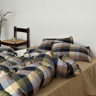 高级男式 用 肤双层纱全棉四件套格子控百搭男童卧室裸睡亲柔软四季