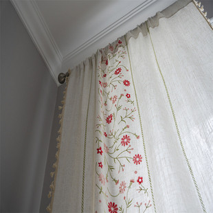 乐轩秀成品窗帘批发北欧卧室碎花刺绣花卉流苏半遮光小帘