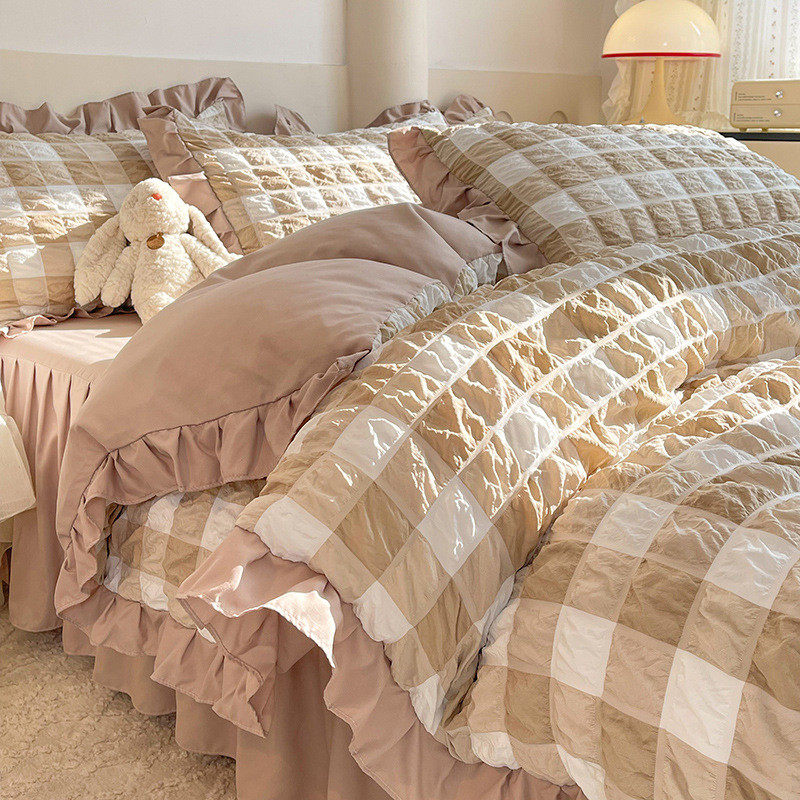 泡泡纱彩虹泡芙花边四件套宿舍小清新公主风格子三件套厂家批发