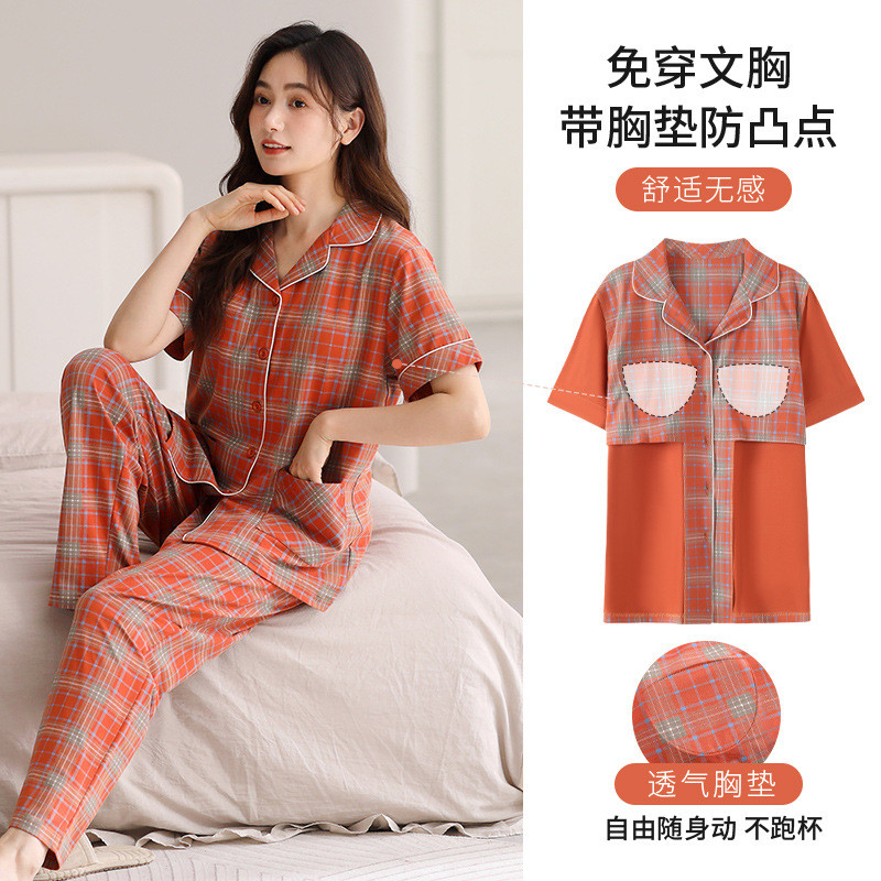 带胸垫睡衣女士夏季纯棉短袖长裤开衫薄款夏天中年妈妈家居服套装