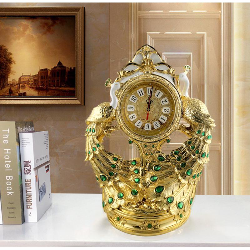 树脂电镀欧式双孔雀大欧式风格玄关电视柜两边落地轻奢时钟摆件