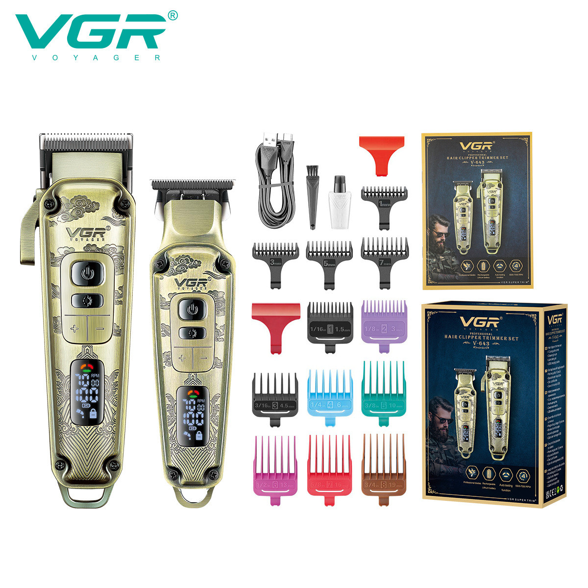 VGR643液晶数显金属油头推剪数显雕刻推白推剪电动理发器套装