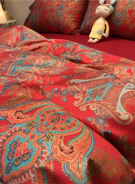 inc0四件套床上用品结婚60支长绒棉贡缎新中式婚庆大红色被套双