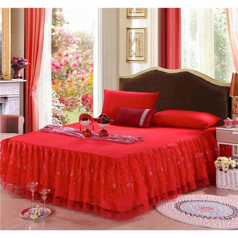 厂家直销婚庆大红色床裙喜庆蕾丝韩版床裙床裙三件套四件套