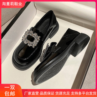 41平底43黑色 25新款 真皮水钻小皮鞋 女厚底2025新款 春秋英伦风大码