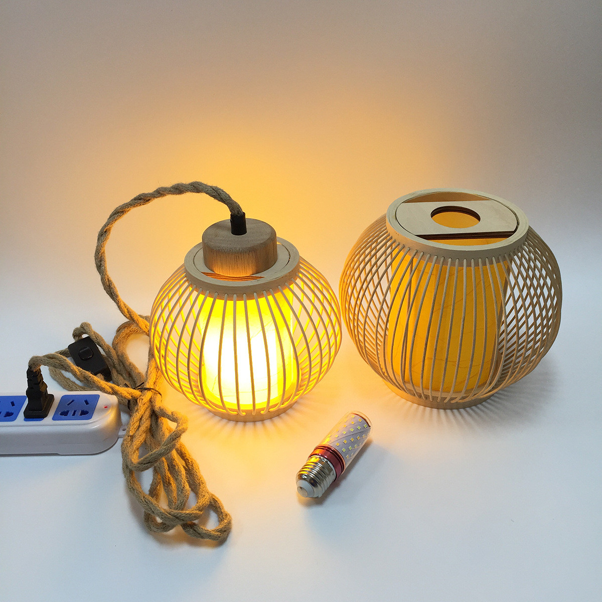 复古竹编小灯笼吊灯灯罩外壳替换E27通用手工编织灯树枝根雕崖柏