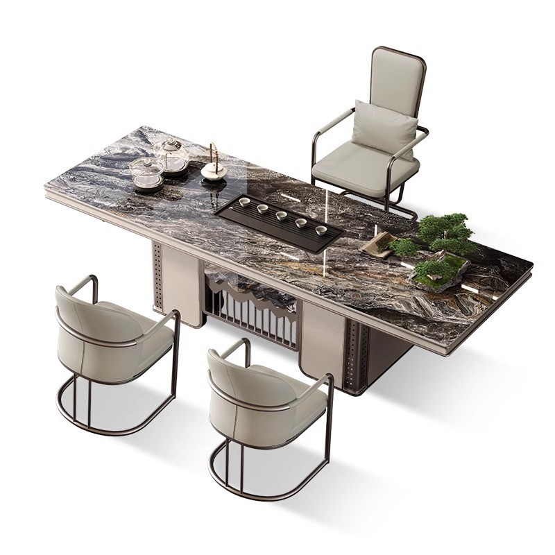 轻奢一体式板茶台桌茶桌椅组合现代茶台简约茶桌岩嵌入烧水高级感