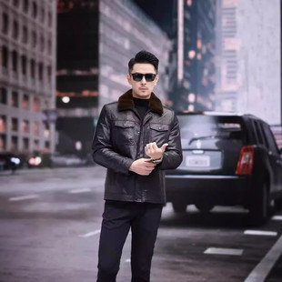 爸爸款真皮皮衣男士翻领头层牛皮可脱卸金貂绒内胆保暖商务皮