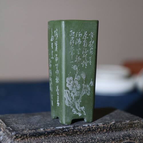 紫砂花盆小签筒张可筒微型花盆桌面掌上盆景悬崖盆手工刻绘千磊