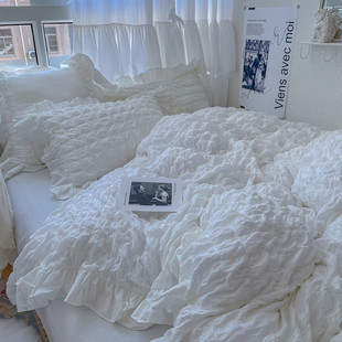 z655小泡芙！纯欲仙女白全棉泡泡纱四件套纯色可裸睡床裙床单被套