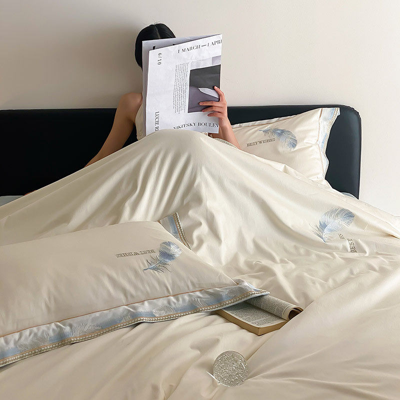春夏100支双面天丝四件套简约羽毛刺绣凉床单裸睡被套感床上用品