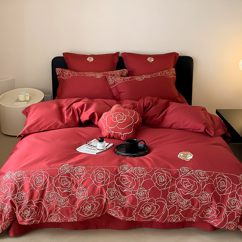 9wor浪漫婚庆100s床上长绒棉四件套轻奢刺绣结婚被套贡缎