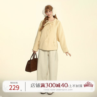 NEW EMPIRE24冬设计小众时尚减龄中长款大衣蝴蝶结保暖毛呢外套女
