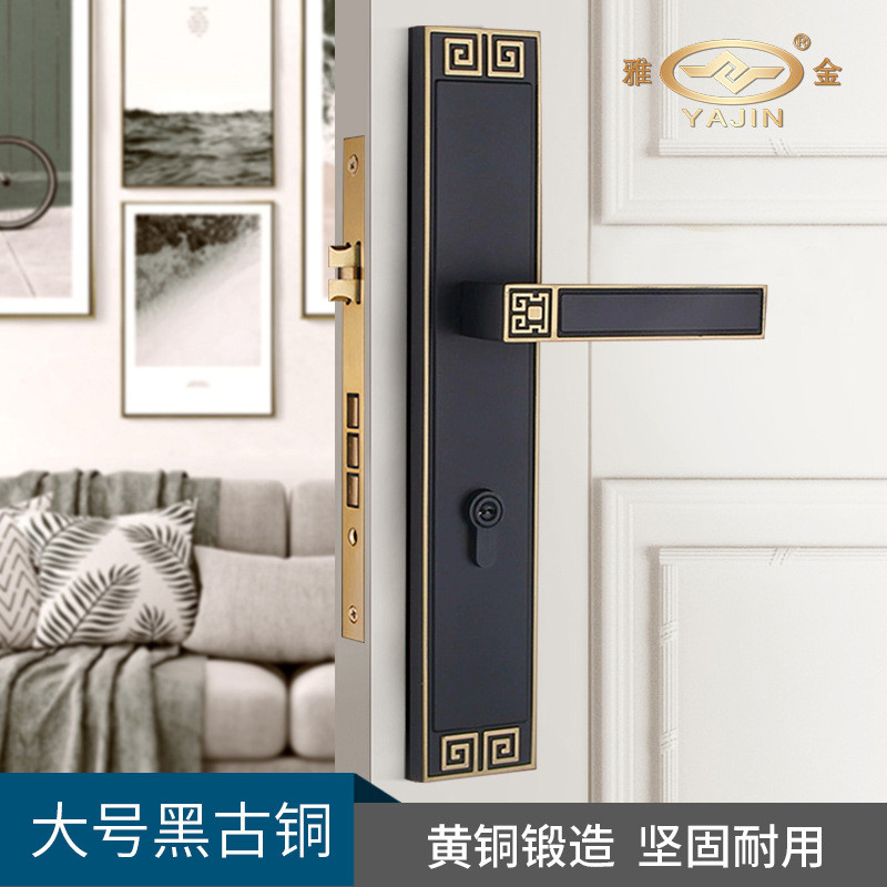 黄铜卧室门锁别墅新中式室内房间古铜静音黄铜家用大门锁双开锁具