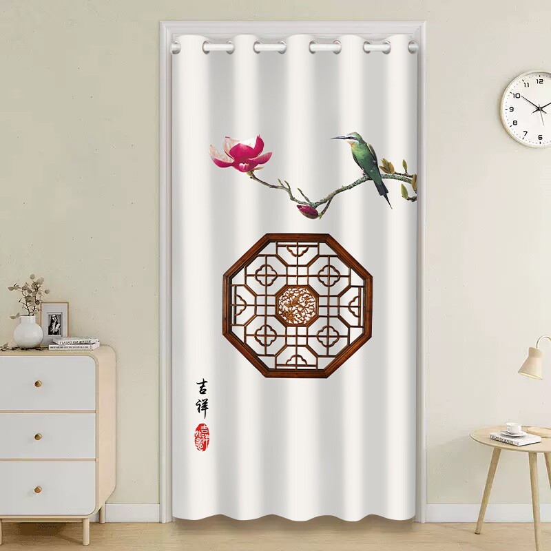 中式门帘免打孔家用伸缩杆厨房隔断帘卫生间卧室帘子遮挡空调挡风