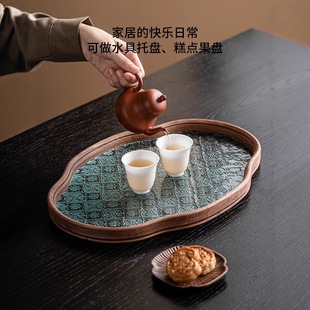 海棠花玻璃托盘中式小型茶点盘家用盖碗壶承壶托复古收纳盘子