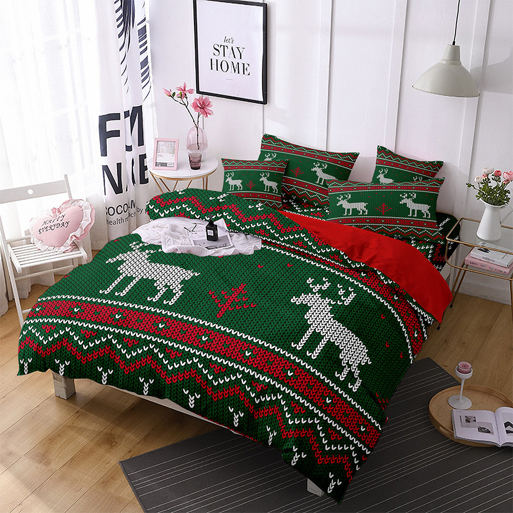 外贸床品数码印花圣诞系列3d三件套涤纶磨毛被套床单