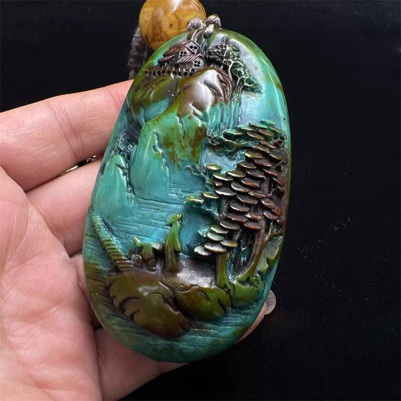 a古玩复古手把件五帝铜钱配饰绿松石刻龙龟包浆貔貅山水龙手抓件
