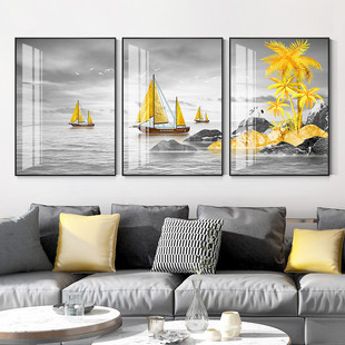 轻奢石头三联挂画北欧风景沙发后背景墙面壁画时来运转客厅装饰画