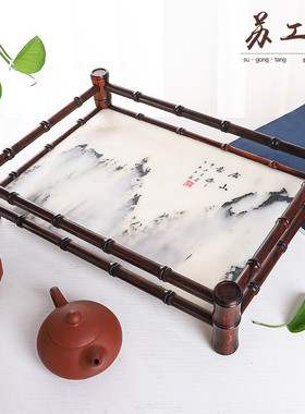 热销红酸枝云石干泡台实木云石茶盘文盘批发盘收纳内嵌天然大爆品